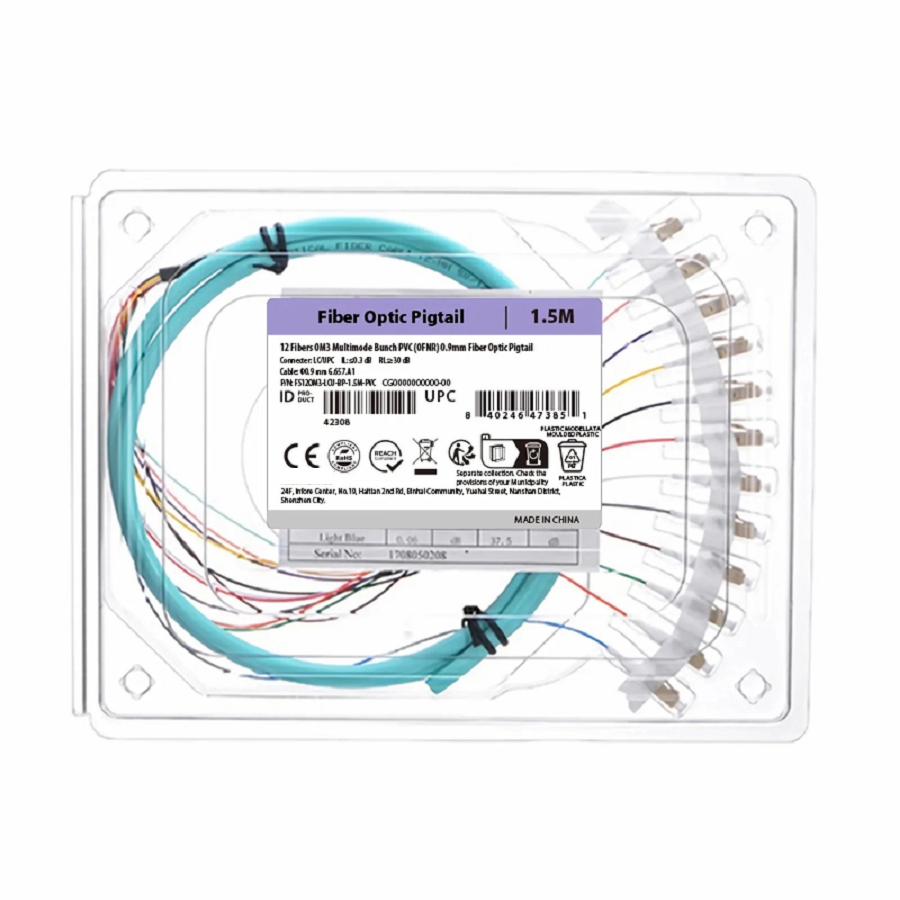 1.5m (5ft) Fiber Pigtail, LC UPC to Unterminated, 12 Fibers, Bunch, OM3 Multimode, PVC (Unrated), 0.9mm, Aqua