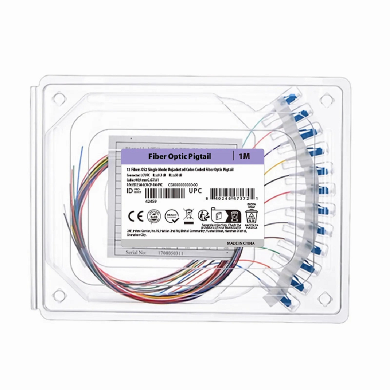 1m (3ft) Fiber Pigtail, LC UPC to Unterminated, 12 Fibers, Unjacketed Color-Coded, OS2 Single Mode, PVC (Unrated), 0.9mm, 12-Color