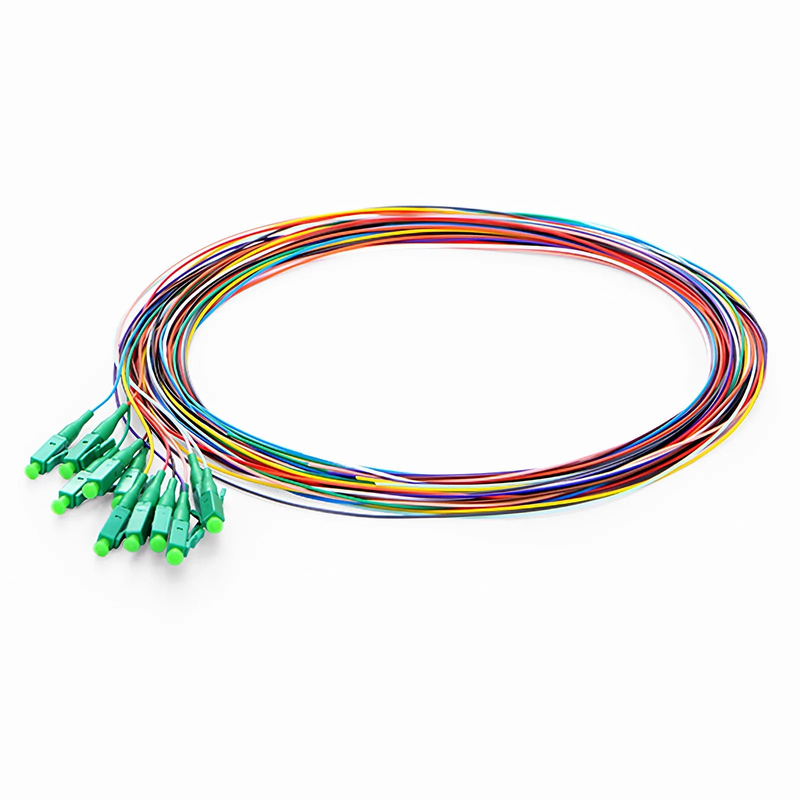 2m (7ft) Fiber Pigtail, LC APC to Unterminated, 12 Fibers, Unjacketed Color-Coded, OS2 Single Mode, PVC (Unrated), 0.9mm, 12-Color
