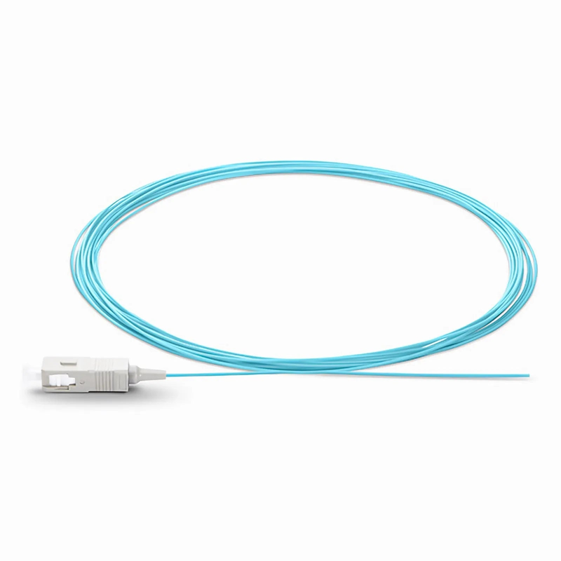 1m (3ft) Fiber Pigtail, SC UPC to Unterminated, Simplex, OM3 Multimode, PVC (Unrated), 0.9mm, Aqua