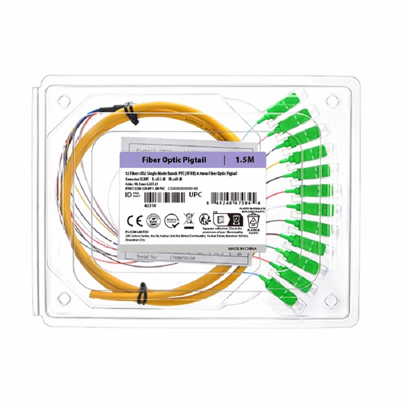 1.5m (5ft) Fiber Pigtail, SC UPC to Unterminated, 12 Fibers, Bunch, OS2 Single Mode, PVC (Unrated), 0.9mm, Yellow
