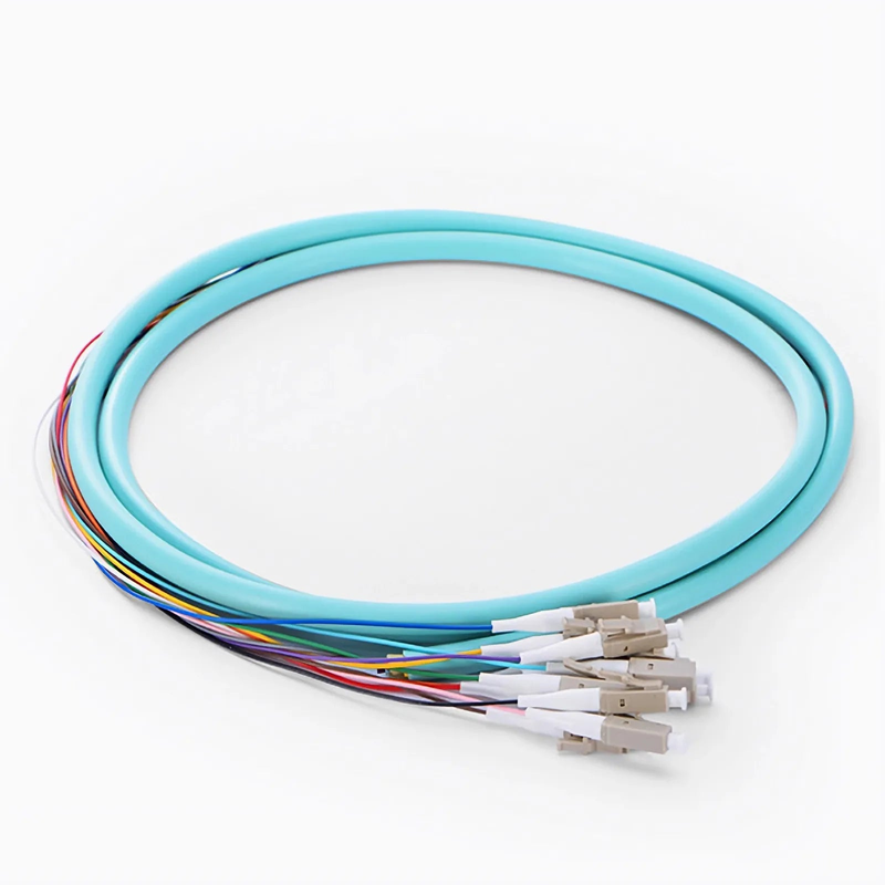 1.5m (5ft) Fiber Pigtail, LC UPC to Unterminated, 12 Fibers, Bunch, OM3 Multimode, PVC (Unrated), 0.9mm, Aqua