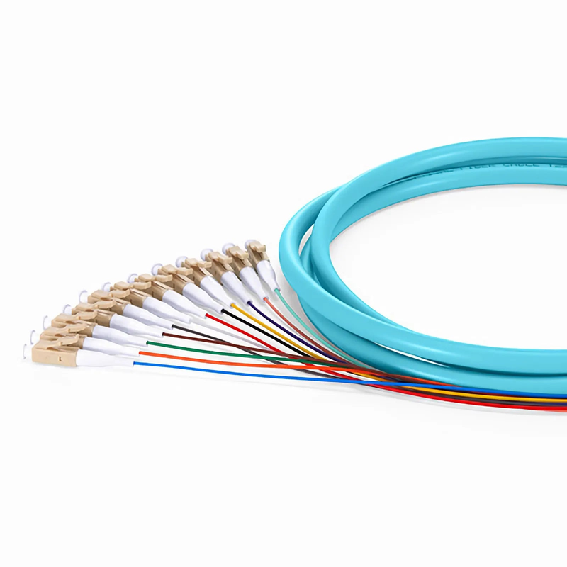 1.5m (5ft) Fiber Pigtail, LC UPC to Unterminated, 12 Fibers, Bunch, OM3 Multimode, PVC (Unrated), 0.9mm, Aqua