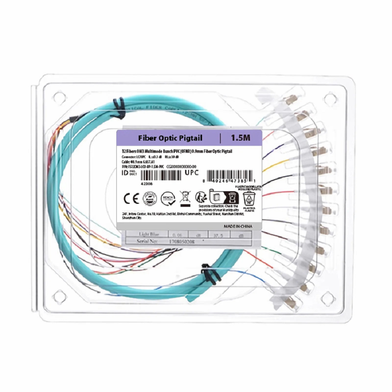 1.5m (5ft) Fiber Pigtail, LC UPC to Unterminated, 12 Fibers, Bunch, OM3 Multimode, PVC (Unrated), 0.9mm, Aqua