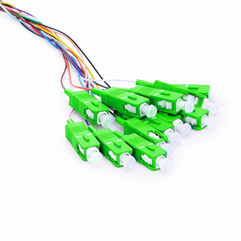 2m (7ft) Fiber Pigtail, SC APC to Unterminated, 12 Fibers, Unjacketed Color-Coded, OS2 Single Mode, PVC (Unrated), 0.9mm, 12-Color