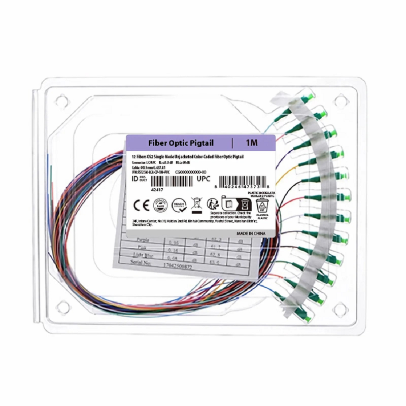 1m (3ft) Fiber Pigtail, LC APC to Unterminated, 12 Fibers, Unjacketed Color-Coded, OS2 Single Mode, PVC (Unrated), 0.9mm, 12-Color
