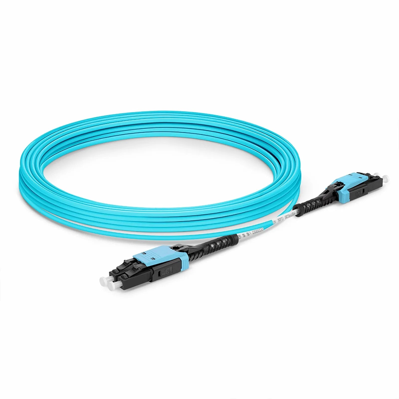 20m (66ft) Fiber Patch Cable, 2 Fibers, LC UPC Duplex to LC UPC Duplex Flat Clip with Push-Pull Boot Uniboot, Multimode (OM4), Riser (OFNR), 2.0mm, Aqua