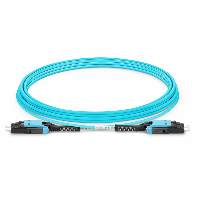15m (49ft) Fiber Patch Cable, 2 Fibers, LC UPC Duplex to LC UPC Duplex Flat Clip with Push-Pull Boot Uniboot, Multimode (OM4), Riser (OFNR), 2.0mm, Aqua