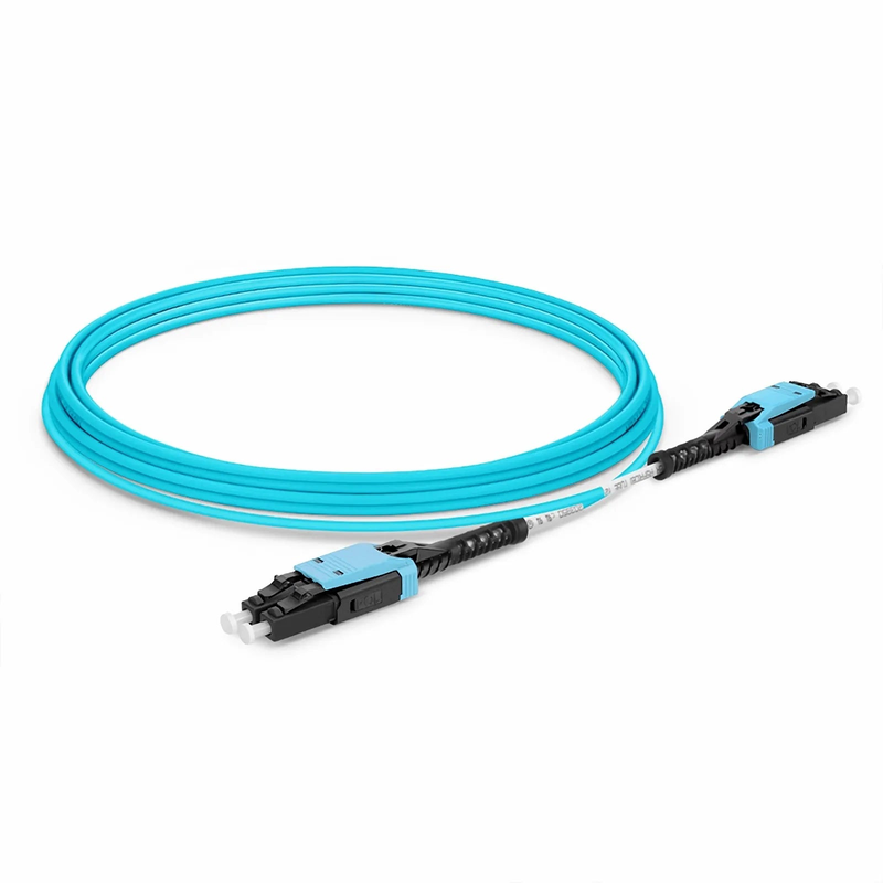 15m (49ft) Fiber Patch Cable, 2 Fibers, LC UPC Duplex to LC UPC Duplex Flat Clip with Push-Pull Boot Uniboot, Multimode (OM4), Riser (OFNR), 2.0mm, Aqua