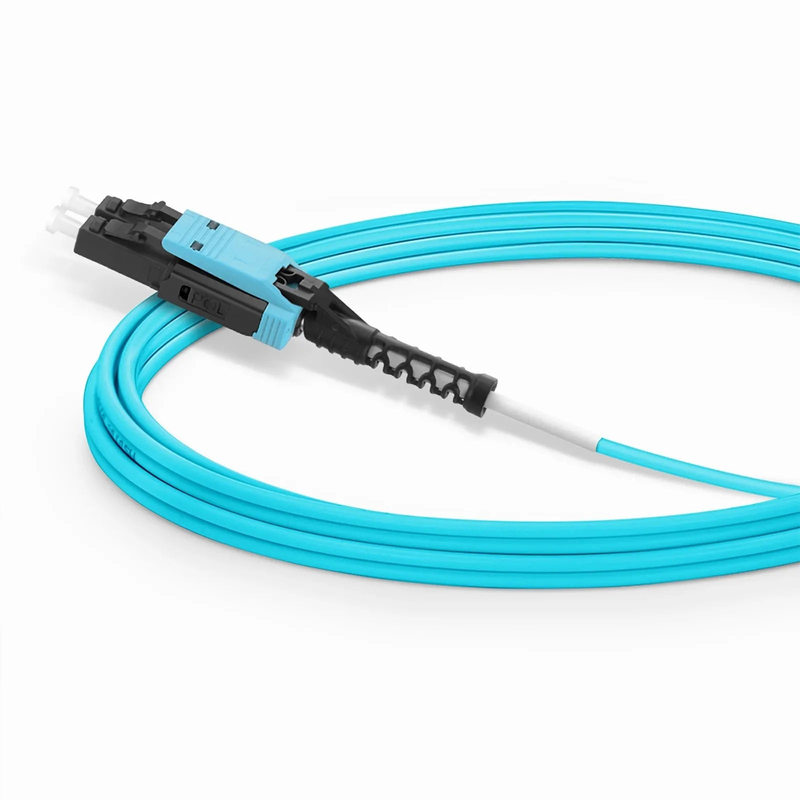15m (49ft) Fiber Patch Cable, 2 Fibers, LC UPC Duplex to LC UPC Duplex Flat Clip with Push-Pull Boot Uniboot, Multimode (OM4), Riser (OFNR), 2.0mm, Aqua