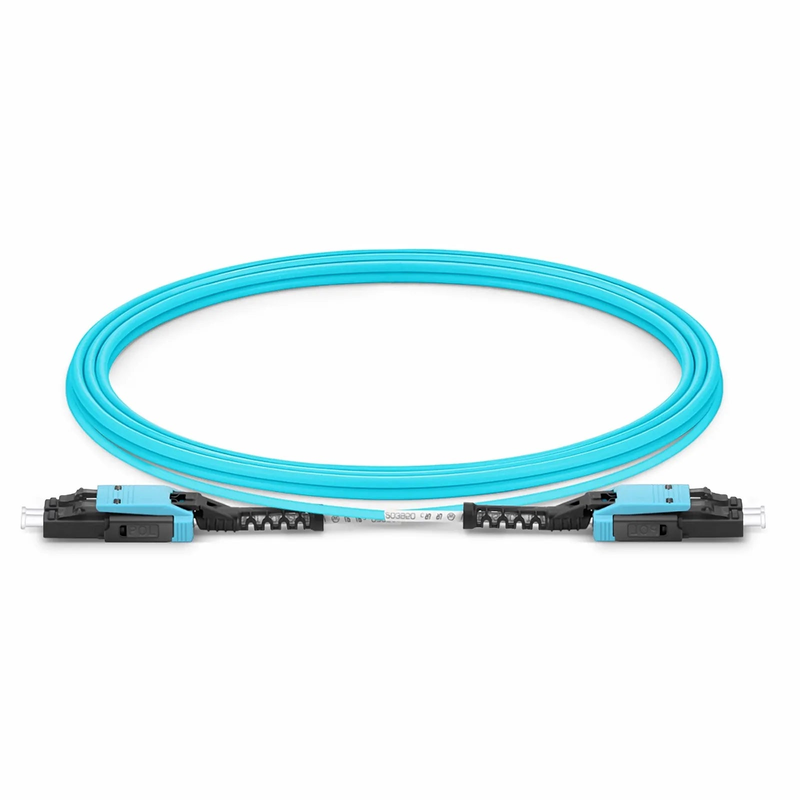 5m (16ft) Fiber Patch Cable, 2 Fibers, LC UPC Duplex to LC UPC Duplex Flat Clip with Push-Pull Boot Uniboot, Multimode (OM4), Riser (OFNR), 2.0mm, Aqua