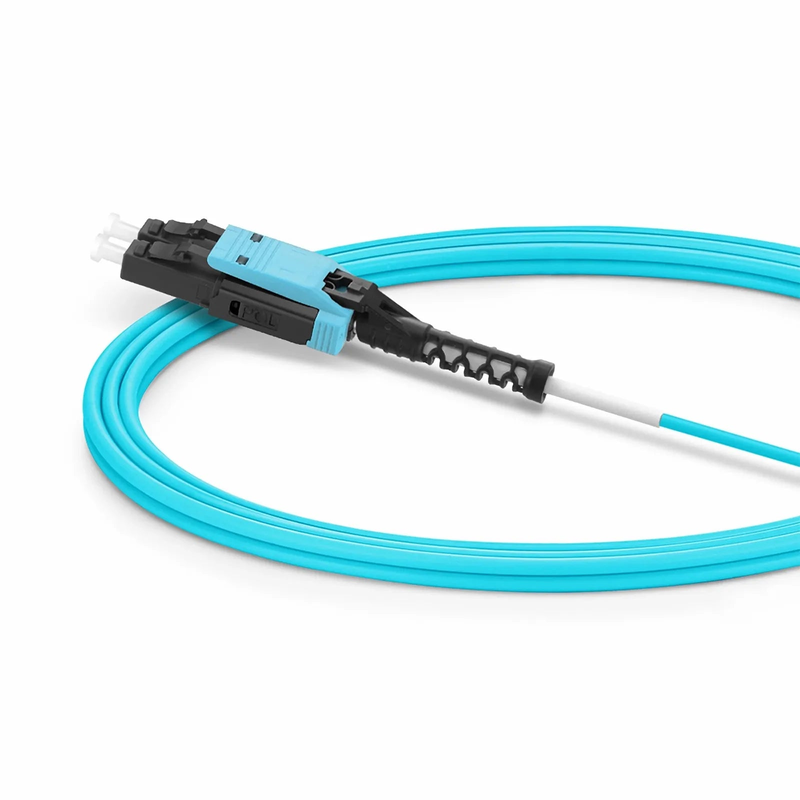 5m (16ft) Fiber Patch Cable, 2 Fibers, LC UPC Duplex to LC UPC Duplex Flat Clip with Push-Pull Boot Uniboot, Multimode (OM4), Riser (OFNR), 2.0mm, Aqua