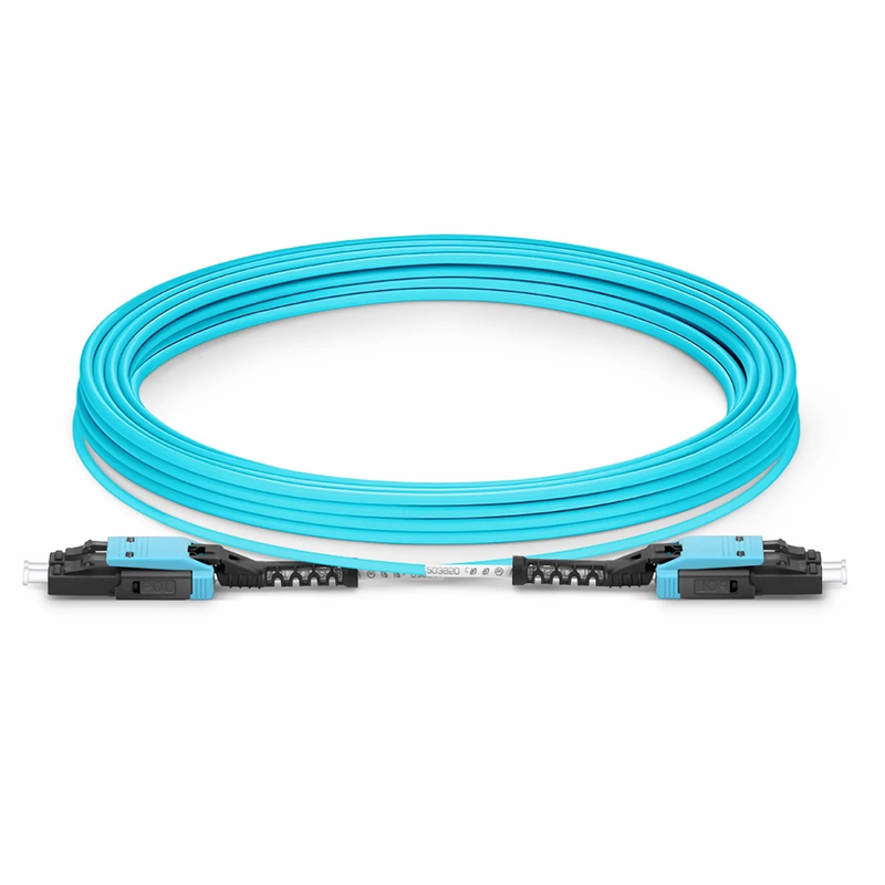 30m (98ft) Fiber Patch Cable, 2 Fibers, LC UPC Duplex to LC UPC Duplex Flat Clip with Push-Pull Boot Uniboot, Multimode (OM4), Riser (OFNR), 2.0mm, Aqua