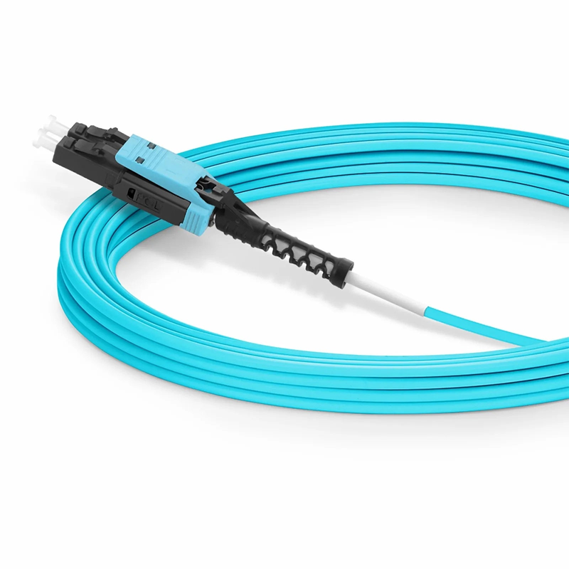 30m (98ft) Fiber Patch Cable, 2 Fibers, LC UPC Duplex to LC UPC Duplex Flat Clip with Push-Pull Boot Uniboot, Multimode (OM4), Riser (OFNR), 2.0mm, Aqua