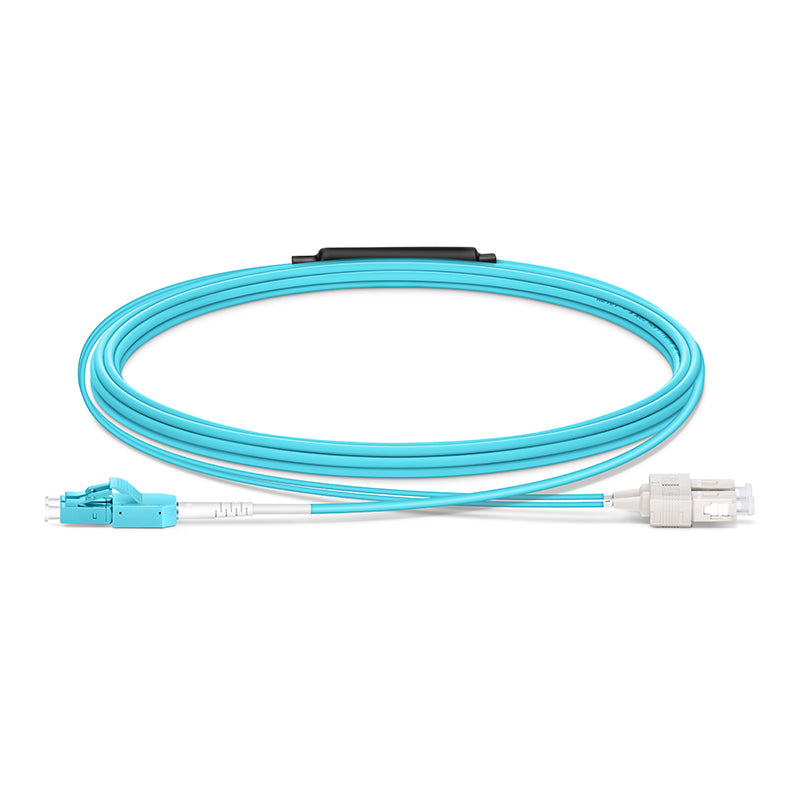5m (16ft) Fiber Patch Cable, 2 Fibers, LC UPC Duplex Standard Clip Uniboot to SC UPC Duplex, Multimode (OM4), Riser (OFNR), 2.0/0.9mm, Aqua
