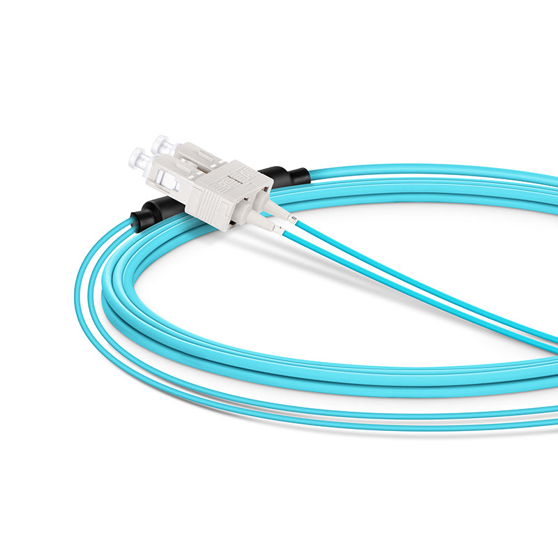3m (10ft) Fiber Patch Cable, 2 Fibers, LC UPC Duplex Standard Clip Uniboot to SC UPC Duplex, Multimode (OM4), Riser (OFNR), 2.0/0.9mm, Aqua