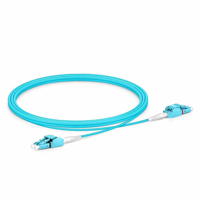 2m (7ft) Fiber Patch Cable, 2 Fibers, LC UPC Duplex to LC UPC Duplex Switchable Clip Uniboot, Multimode (OM3), Riser (OFNR), 2.0mm, Aqua