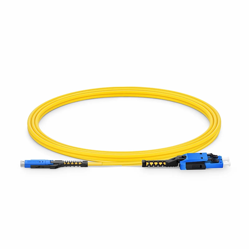 2m (7ft) Fiber Patch Cable, 2 Fibers, MDC UPC Duplex to LC UPC Duplex Flat Clip with Push-Pull Boot Uniboot, Single Mode (OS2), Riser (OFNR), 2.0mm, Yellow, for 100/400/800G Network Connection