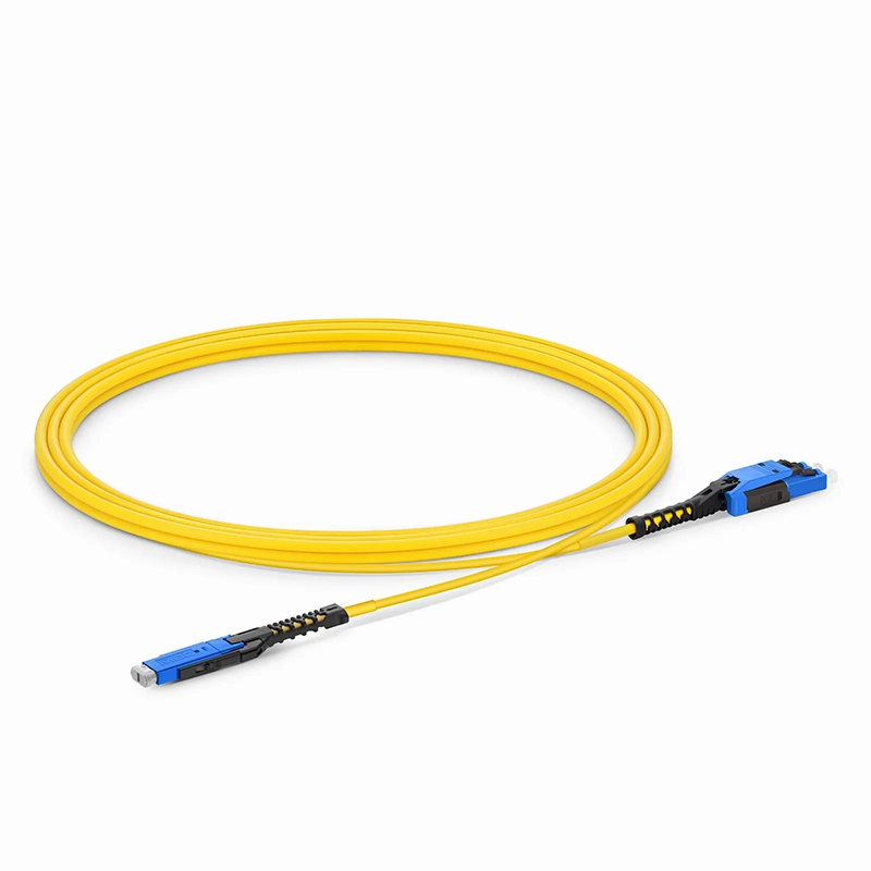 2m (7ft) Fiber Patch Cable, 2 Fibers, MDC UPC Duplex to LC UPC Duplex Flat Clip with Push-Pull Boot Uniboot, Single Mode (OS2), Riser (OFNR), 2.0mm, Yellow, for 100/400/800G Network Connection