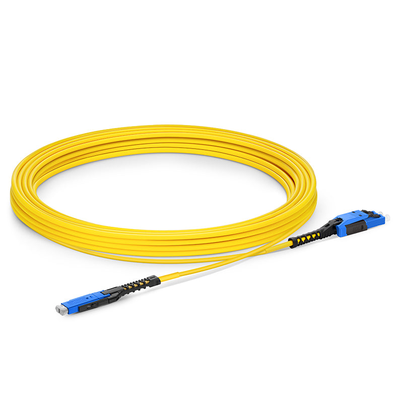 5m (16ft) Fiber Patch Cable, 2 Fibers, MDC UPC Duplex to LC UPC Duplex Flat Clip with Push-Pull Boot Uniboot, Single Mode (OS2), Riser (OFNR), 2.0mm, Yellow, for 100/400/800G Network Connection