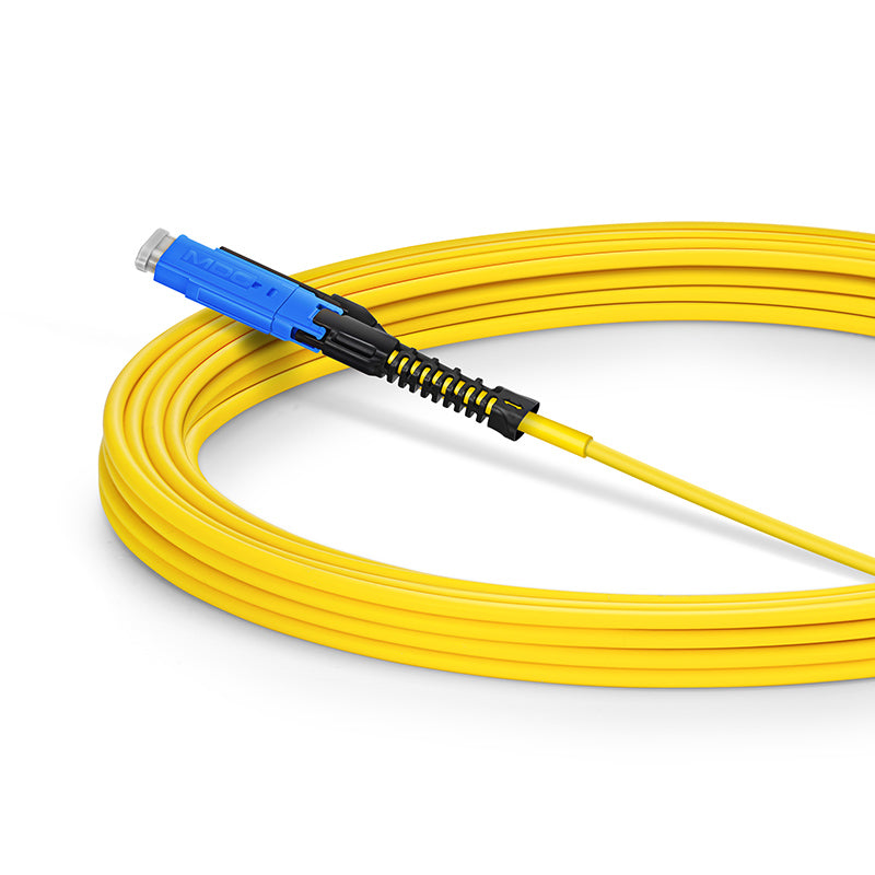 5m (16ft) Fiber Patch Cable, 2 Fibers, MDC UPC Duplex to LC UPC Duplex Flat Clip with Push-Pull Boot Uniboot, Single Mode (OS2), Riser (OFNR), 2.0mm, Yellow, for 100/400/800G Network Connection