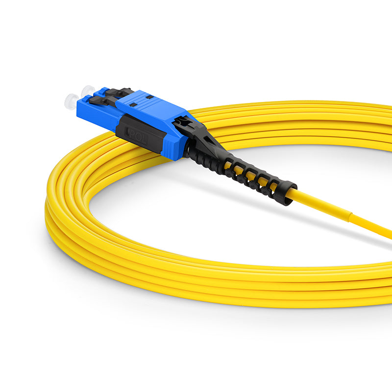 5m (16ft) Fiber Patch Cable, 2 Fibers, MDC UPC Duplex to LC UPC Duplex Flat Clip with Push-Pull Boot Uniboot, Single Mode (OS2), Riser (OFNR), 2.0mm, Yellow, for 100/400/800G Network Connection