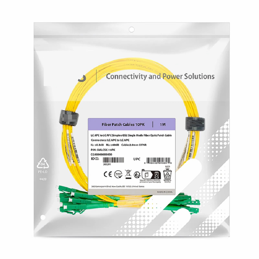 1m (3ft) Fiber Patch Cable, 1 Fiber, LC APC Simplex to LC APC Simplex, Single Mode (OS2), Riser (OFNR), 2.0mm, Tight-Buffered, Yellow, 10 Pcs/Pack