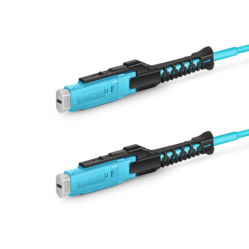 30m (98ft) Fiber Patch Cable, 2 Fibers, MDC UPC Duplex to MDC UPC Duplex Uniboot, Multimode (OM4), Riser (OFNR), 2.0mm, Aqua, for 100/400/800G Network Connection