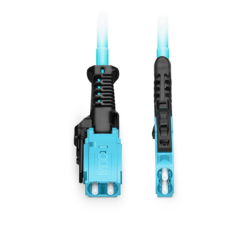 30m (98ft) Fiber Patch Cable, 2 Fibers, MDC UPC Duplex to MDC UPC Duplex Uniboot, Multimode (OM4), Riser (OFNR), 2.0mm, Aqua, for 100/400/800G Network Connection