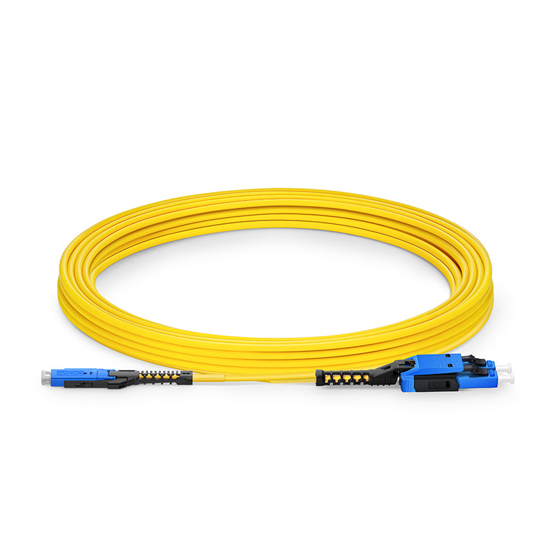 5m (16ft) Fiber Patch Cable, 2 Fibers, MDC UPC Duplex to LC UPC Duplex Flat Clip with Push-Pull Boot Uniboot, Single Mode (OS2), Riser (OFNR), 2.0mm, Yellow, for 100/400/800G Network Connection