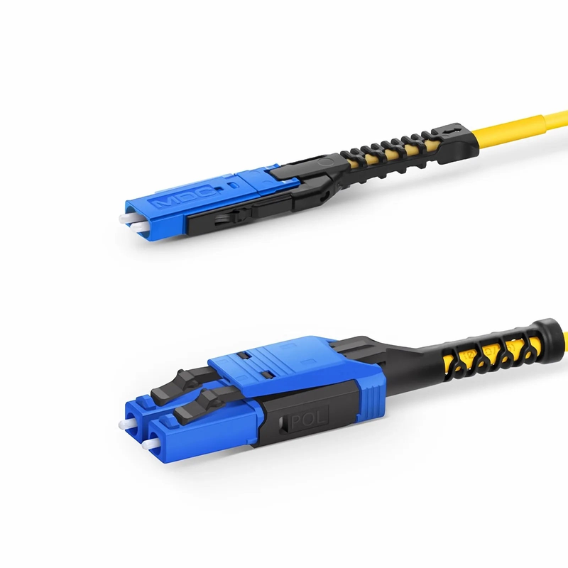 1m (3ft) Fiber Patch Cable, 2 Fibers, MDC UPC Duplex to LC UPC Duplex Flat Clip with Push-Pull Boot Uniboot, Single Mode (OS2), Riser (OFNR), 2.0mm, Yellow, for 100/400/800G Network Connection