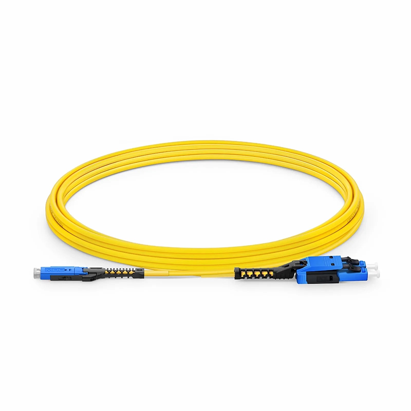3m (10ft) Fiber Patch Cable, 2 Fibers, MDC UPC Duplex to LC UPC Duplex Flat Clip with Push-Pull Boot Uniboot, Single Mode (OS2), Riser (OFNR), 2.0mm, Yellow, for 100/400/800G Network Connection