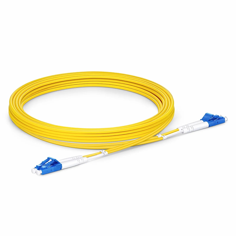 3m (10ft) Fiber Patch Cable, 2 Fibers, Grade B, LC UPC Duplex to LC UPC Duplex, Single Mode (OS2), Riser (OFNR), 2.0mm, Typical 0.12dB IL, Tight-Buffered, Yellow