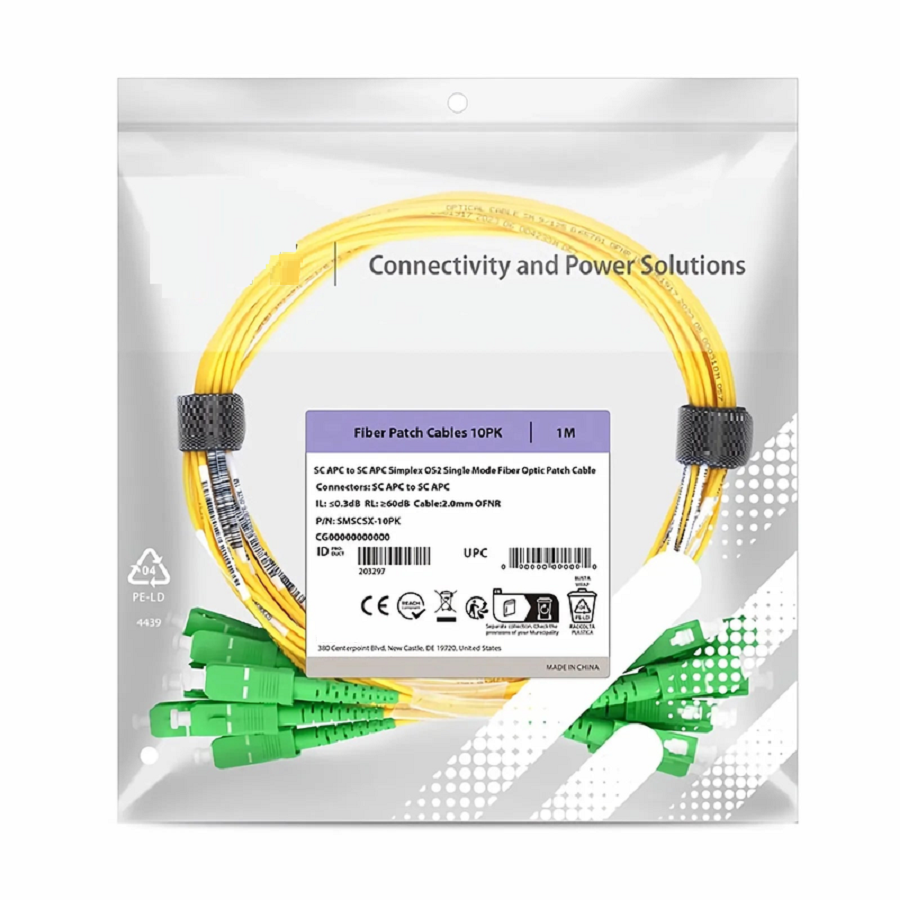 1m (3ft) Fiber Patch Cable, 1 Fiber, SC APC Simplex to SC APC Simplex, Single Mode (OS2), Riser (OFNR), 2.0mm, Tight-Buffered, Yellow, 10 Pcs/Pack