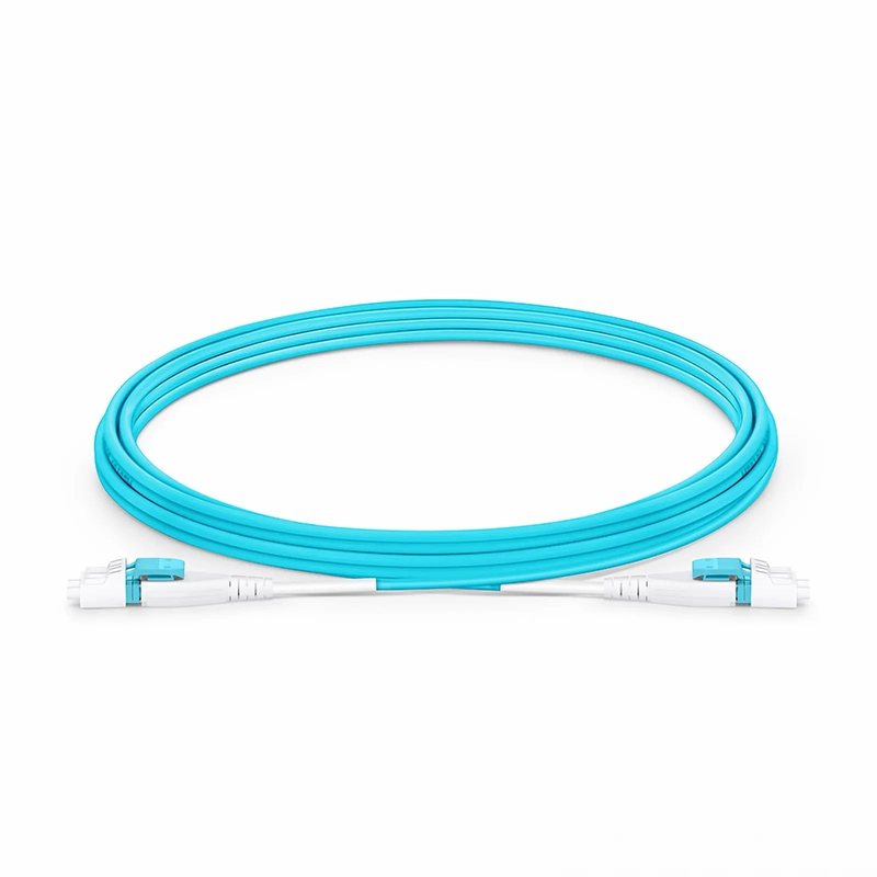 4m (13ft) Fiber Patch Cable, 2 Fibers, LC UPC Duplex to LC UPC Duplex Flat Clip Uniboot, Multimode (OM4), Riser (OFNR), 2.0mm, Aqua
