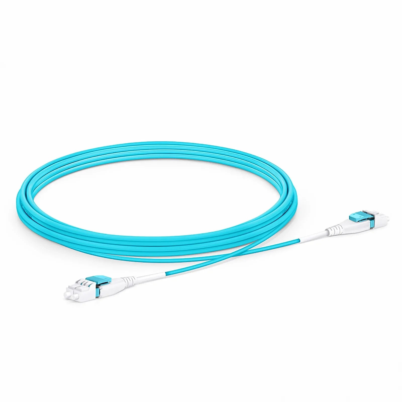 4m (13ft) Fiber Patch Cable, 2 Fibers, LC UPC Duplex to LC UPC Duplex Flat Clip Uniboot, Multimode (OM4), Riser (OFNR), 2.0mm, Aqua