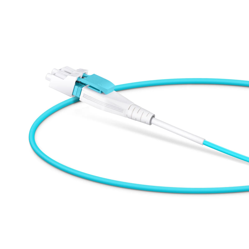 0.5m (1.6ft) Fiber Patch Cable, 2 Fibers, LC UPC Duplex to LC UPC Duplex Flat Clip Uniboot, Multimode (OM4), Riser (OFNR), 2.0mm, Aqua