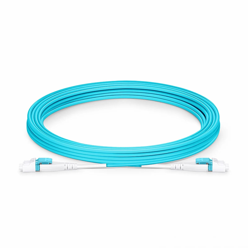 5m (16ft) Fiber Patch Cable, 2 Fibers, LC UPC Duplex to LC UPC Duplex Flat Clip Uniboot, Multimode (OM4), Riser (OFNR), 2.0mm, Aqua