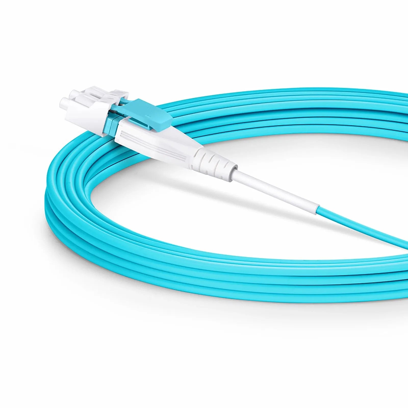 5m (16ft) Fiber Patch Cable, 2 Fibers, LC UPC Duplex to LC UPC Duplex Flat Clip Uniboot, Multimode (OM4), Riser (OFNR), 2.0mm, Aqua
