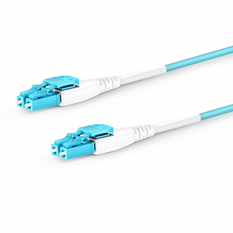5m (16ft) Fiber Patch Cable, 2 Fibers, LC UPC Duplex to LC UPC Duplex Flat Clip Uniboot, Multimode (OM4), Riser (OFNR), 2.0mm, Aqua
