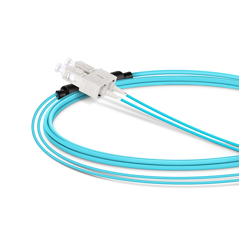 2m (7ft) Fiber Patch Cable, 2 Fibers, LC UPC Duplex Standard Clip Uniboot to SC UPC Duplex, Multimode (OM4), Riser (OFNR), 2.0/0.9mm, Aqua