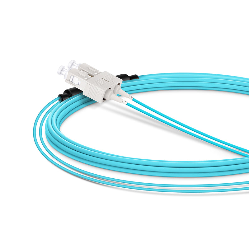 4m (13ft) Fiber Patch Cable, 2 Fibers, LC UPC Duplex Standard Clip Uniboot to SC UPC Duplex, Multimode (OM4), Riser (OFNR), 2.0/0.9mm, Aqua
