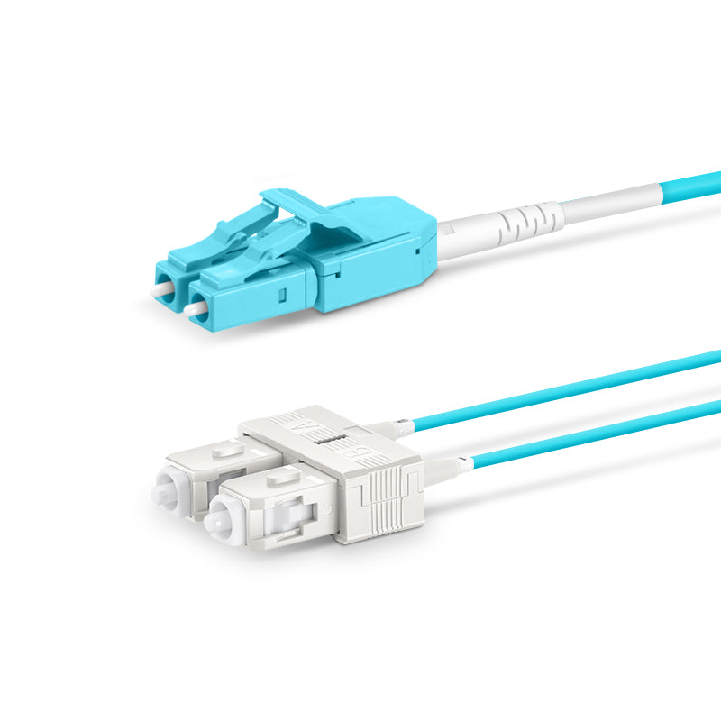 3m (10ft) Fiber Patch Cable, 2 Fibers, LC UPC Duplex Standard Clip Uniboot to SC UPC Duplex, Multimode (OM4), Riser (OFNR), 2.0/0.9mm, Aqua