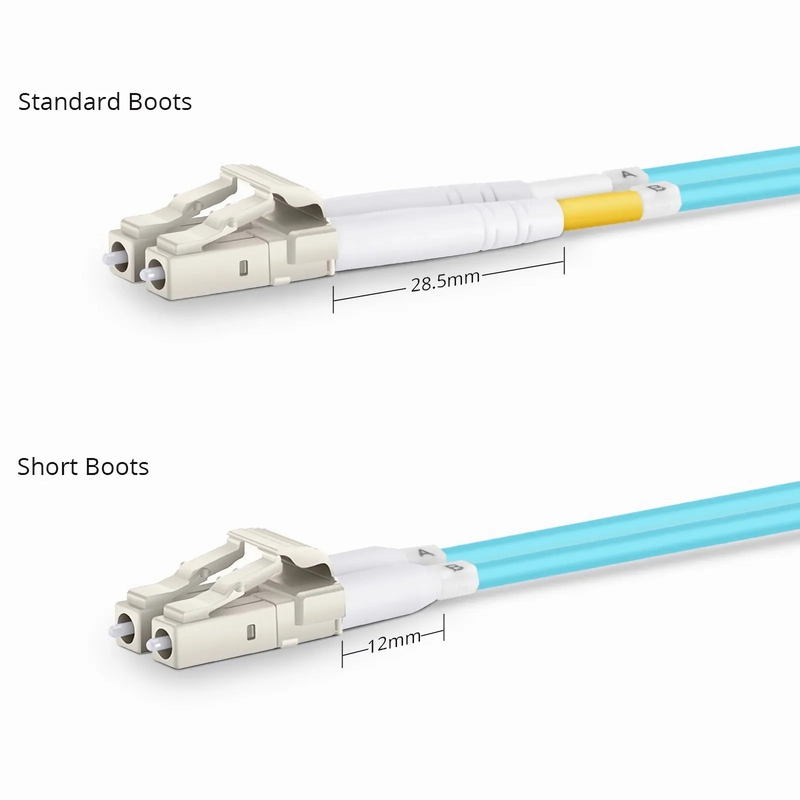 3m (10ft) Fiber Patch Cable, 2 Fibers, Short Boot, LC UPC Duplex to LC UPC Duplex, Multimode (OM3), Riser (OFNR), 2.0mm, Tight-Buffered, Aqua
