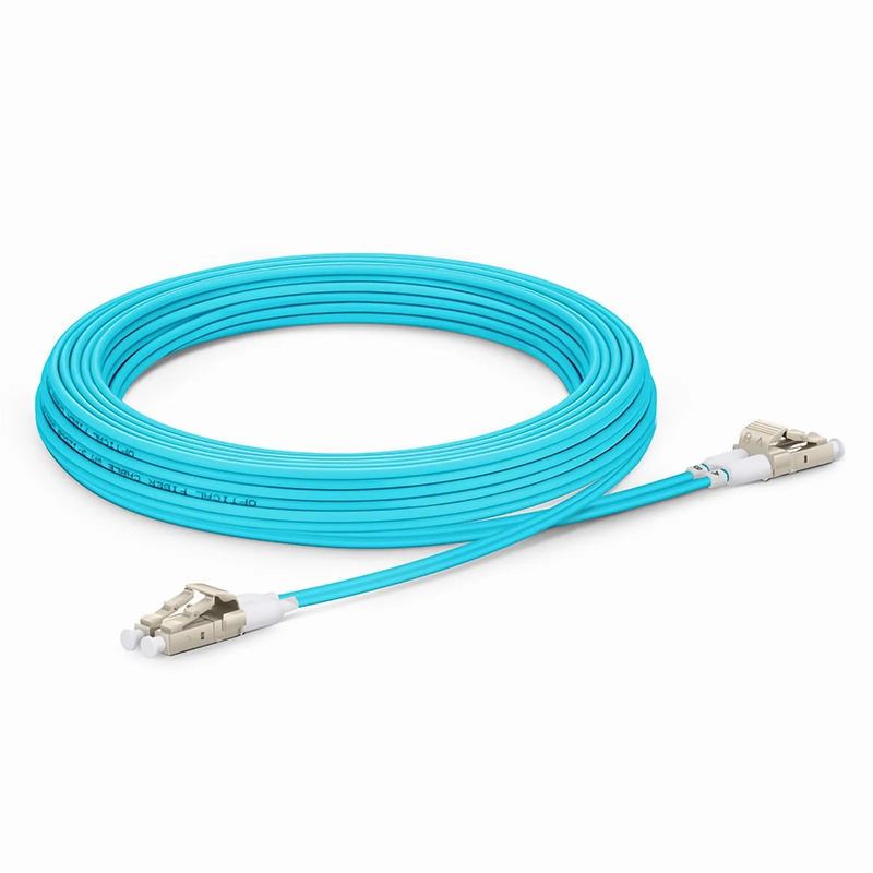 5m (16ft) Fiber Patch Cable, 2 Fibers, Short Boot, LC UPC Duplex to LC UPC Duplex, Multimode (OM3), Riser (OFNR), 2.0mm, Tight-Buffered, Aqua