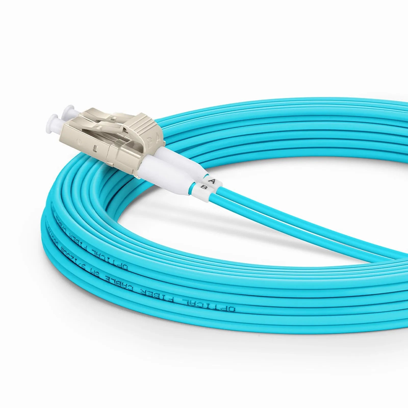 5m (16ft) Fiber Patch Cable, 2 Fibers, Short Boot, LC UPC Duplex to LC UPC Duplex, Multimode (OM3), Riser (OFNR), 2.0mm, Tight-Buffered, Aqua
