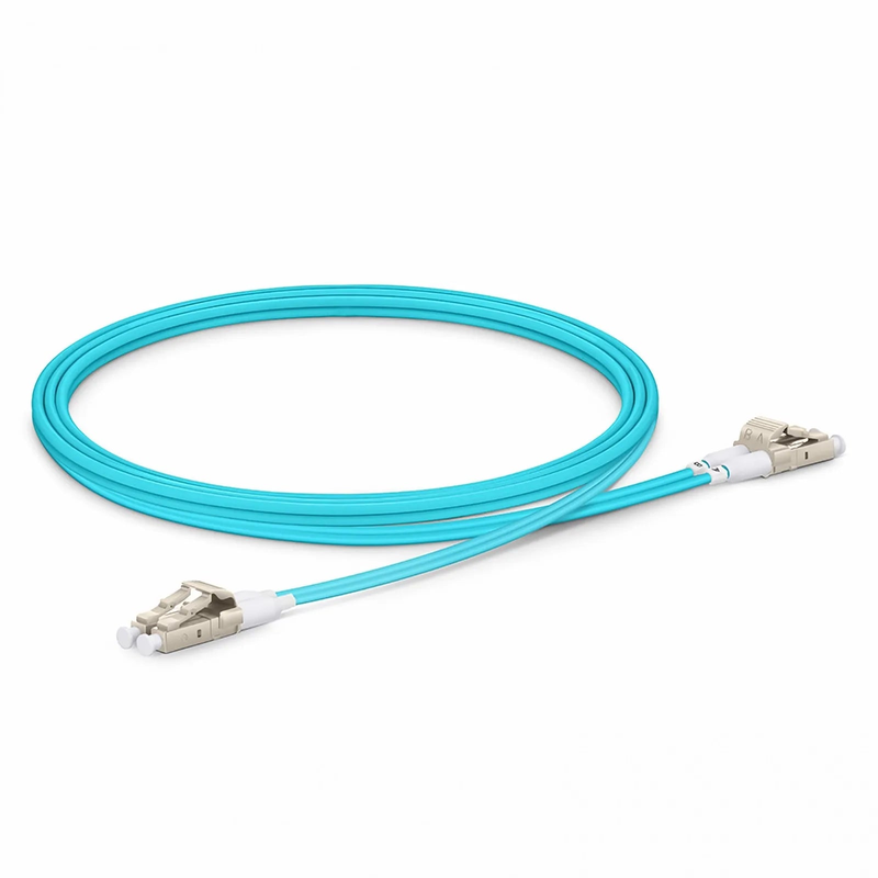 1m (3ft) Fiber Patch Cable, 2 Fibers, Short Boot, LC UPC Duplex to LC UPC Duplex, Multimode (OM3), Riser (OFNR), 2.0mm, Tight-Buffered, Aqua