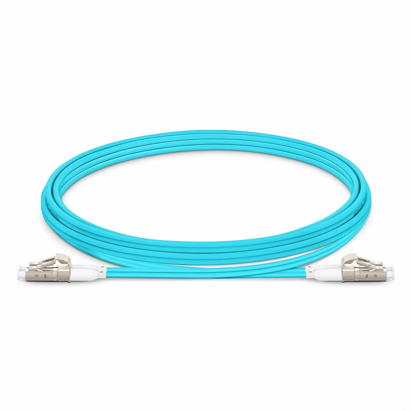 2m (7ft) Fiber Patch Cable, 2 Fibers, Short Boot, LC UPC Duplex to LC UPC Duplex, Multimode (OM3), Riser (OFNR), 2.0mm, Tight-Buffered, Aqua