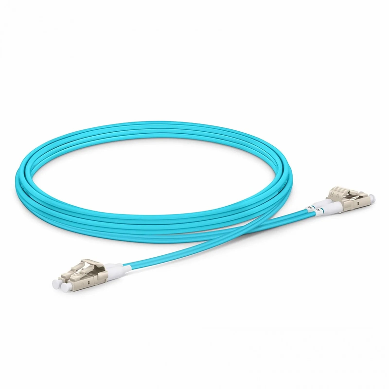 2m (7ft) Fiber Patch Cable, 2 Fibers, Short Boot, LC UPC Duplex to LC UPC Duplex, Multimode (OM3), Riser (OFNR), 2.0mm, Tight-Buffered, Aqua