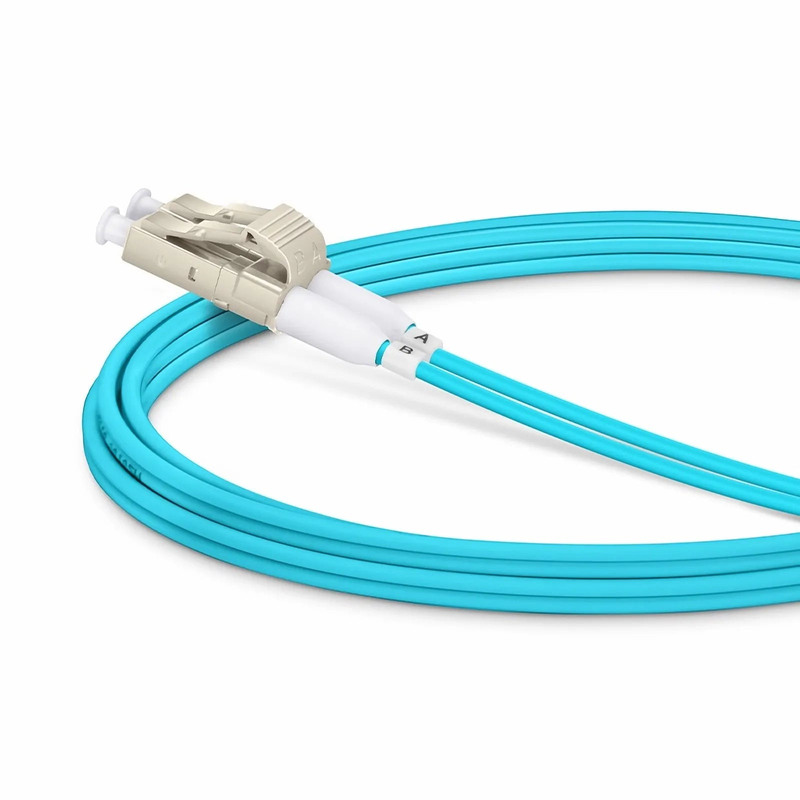 2m (7ft) Fiber Patch Cable, 2 Fibers, Short Boot, LC UPC Duplex to LC UPC Duplex, Multimode (OM3), Riser (OFNR), 2.0mm, Tight-Buffered, Aqua